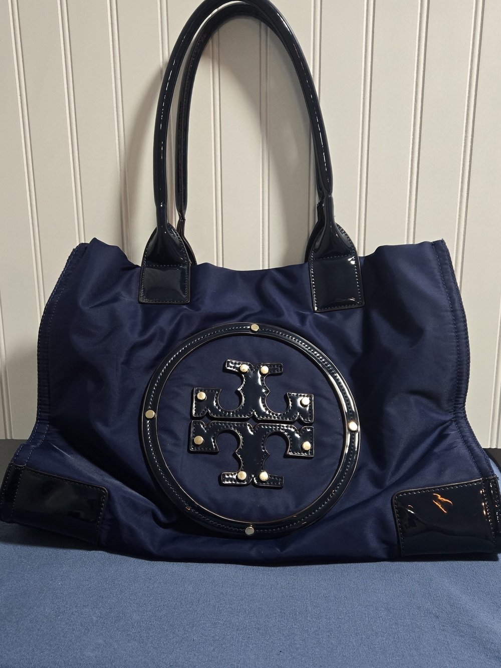 Tory Burch Navy Tote with Patent Trim and Logo